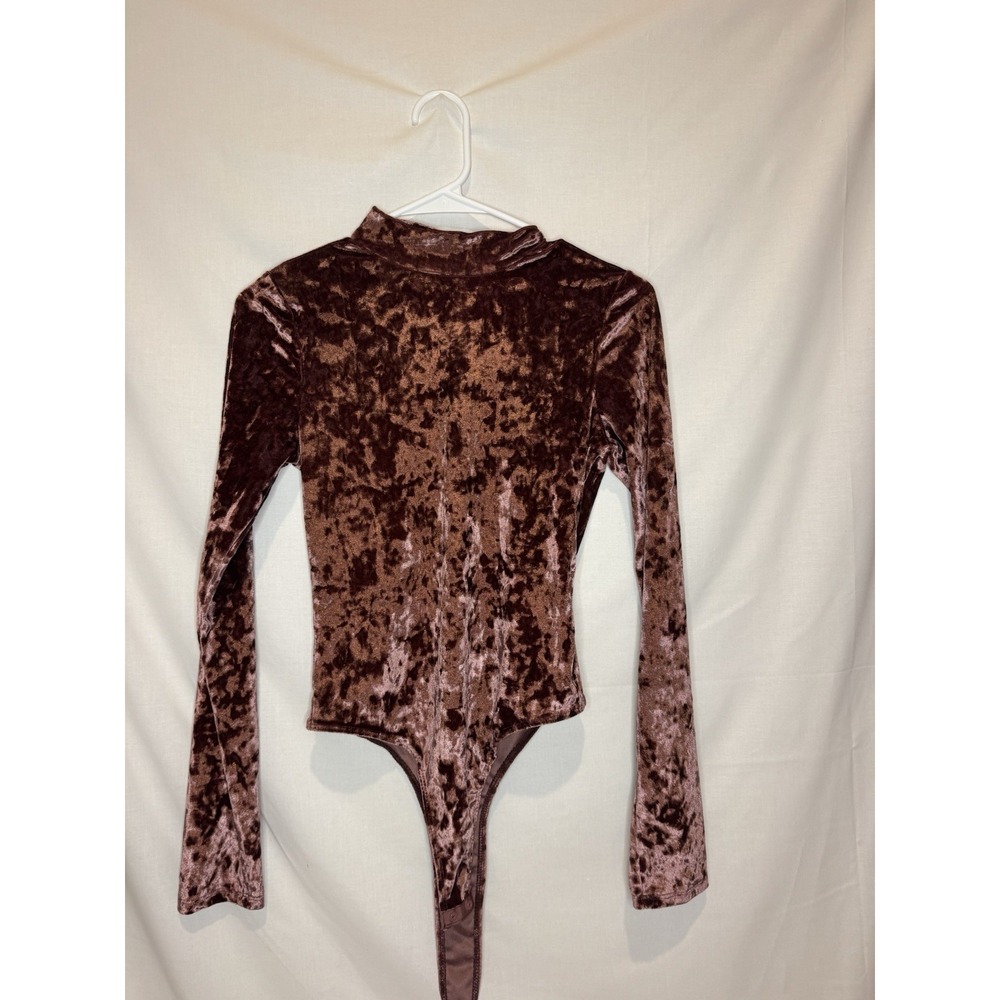 Bozzolo Crushed Velvet Mock Neck Bodysuit Medium Mauve Brown Long Sleeve